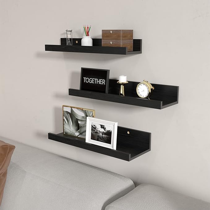 Giftgarden 16 Inch Black Floating Shelves for Wall Mount, Woodgrain Wall Shelf Ledge for Bathroom Bedroom Kitchen Living Room Office Storage, Set of 3 Different Sizes-Ruum Studio Home