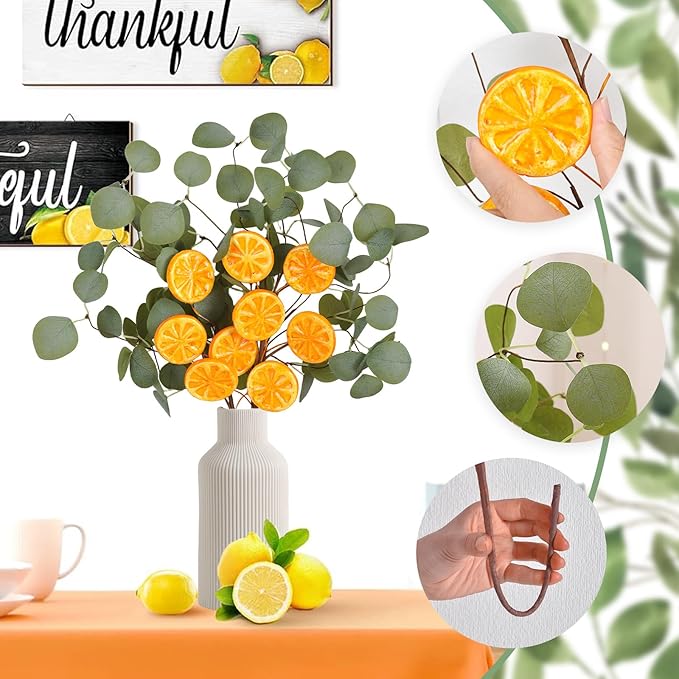 Eucalyptus Stems, 4PCS Artificial Lemon Stems Faux Citrus Branches Plastic Decor for Kitchen, Table Centerpieces, Entryway, Thanksgiving Wedding Party (Green)-Ruum Studio Home