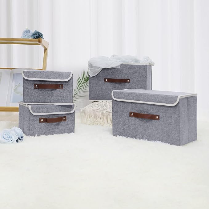 ANMINY 2PCS Storage Bins with Lid PU Leather Handles Storage Boxes PP Plastic Board Decorative Foldable Lidded Cotton Linen Fabric Home Cubes Baskets Closet Organizer Containers - Gray, Small Size-Ruum Studio Home