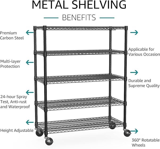 IZEUK Garage Shelving Wide Storage Shelves 5 Tier Metal Shelves 4000 LBS Heavy Duty Adjustable Utility Shelf Rack Black 23.6" D x 53.1" W x 73.6" H-Ruum Studio Home