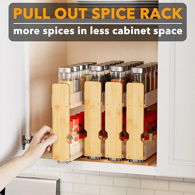 SpaceAid Bamboo Pull Out Spice Rack Organizer for Cabinet, Heavy Duty Slide Out Seasoning Kitchen Pantry Sliding Vertical Organization, 10.1" Wide, 4 Drawers(2" Wide), 2-Tier, Natural-Ruum Studio Home