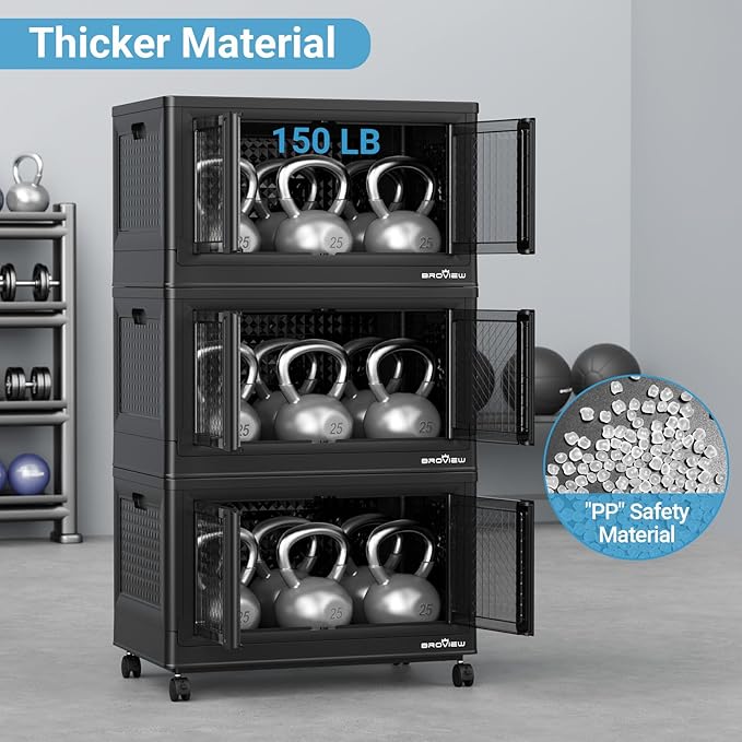 500Qt Stackable Storage Bins with Lids, 125Gal Closet Organizers and Storage Drawer, Plastic Collapsible Storage Bins with Doors, Heavy Duty Store Box Cabinet for Home Kitchen, 5Pack Black-Ruum Studio Home