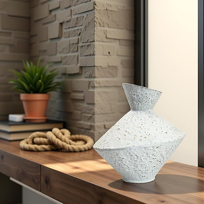 Cast Iron Decorative Vase, Dried Flower Rustic Vases, Wabi Sabi Vase for Modern Home Decor, Living Room, Shelf Decor, Enterway, Wedding, Office, Table, Bedroom, Kitchen, 8.86" H (White)-Ruum Studio Home