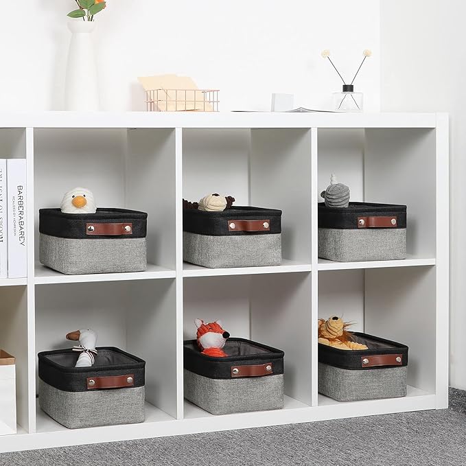 DULLEMELO Small Storage Baskets for Shelves, Small Fabric Collapsible Rectangular Storage Bins for Shelves, Closets, Nursery, Home, Office, Empty Gift Baskets (6-Pack, Black&Gray)-Ruum Studio Home