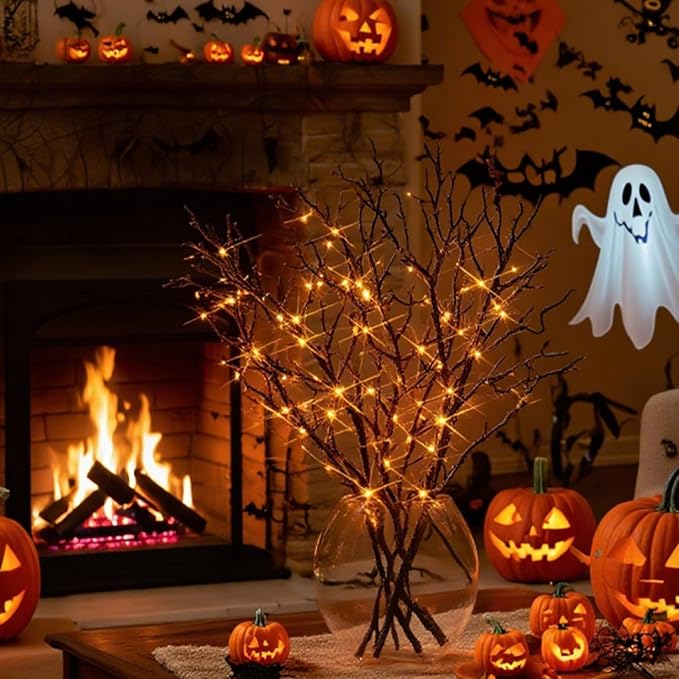 Birchlitland Halloween Branch Lights with Timer Battery Operated 75 LED Orange Fairy Lights, Lighted Black Willow Branches 21IN for Home Decor-Ruum Studio Home