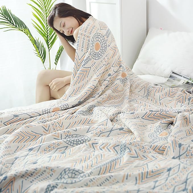 Boho Muslin Blanket for Adults 4-Layer Gauze Twin Size Soft Cozy 100% Cotton Summer Cooling Blanket Striped Decor for Sofa Bed Coverlet Both Sides (A Boho Stripe, Twin 60 x 80 in)-Ruum Studio Home
