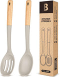 Silicone Cooking Spoons, Great for Scooping Sides and Serving Hearty Stews, BPA-Free Matte Silicone, Wooden Handle Serving Spoon for Nonstick Cooking Surfaces (Khaki)-Ruum Studio Home
