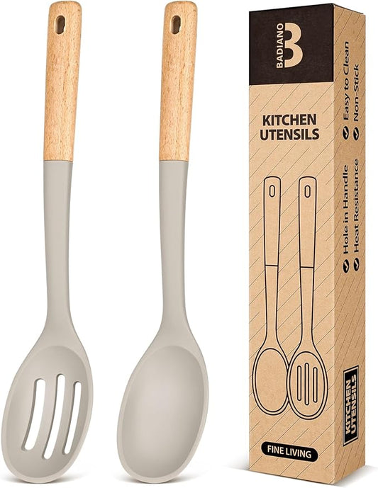 Silicone Cooking Spoons, Great for Scooping Sides and Serving Hearty Stews, BPA-Free Matte Silicone, Wooden Handle Serving Spoon for Nonstick Cooking Surfaces (Khaki)
