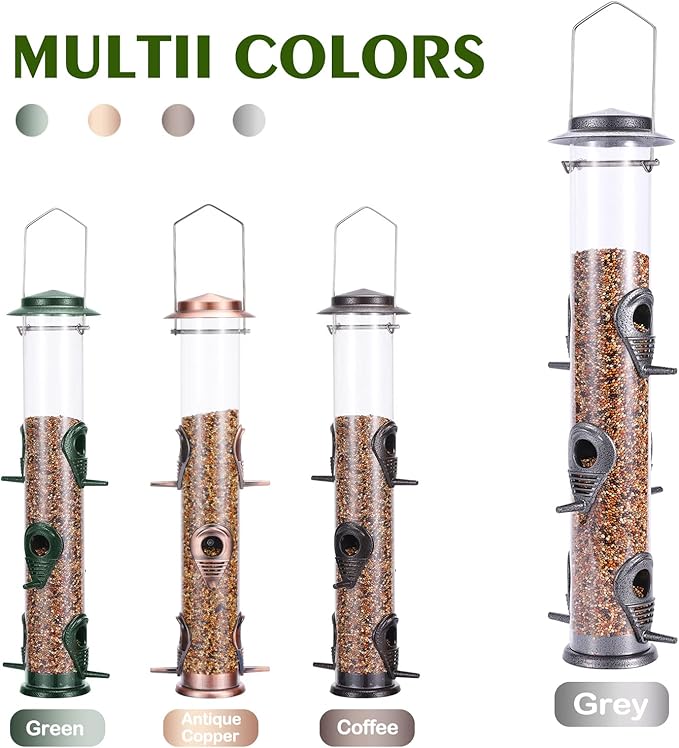 MIXXIDEA 2PK Metal Wild Bird Feeder Squirrel Proof Bird Feeders for Outside Hanging 6 Port Tube Bird Feeder Transparent Finch Feeder with Steel Hanger (Grey)-Ruum Studio Home