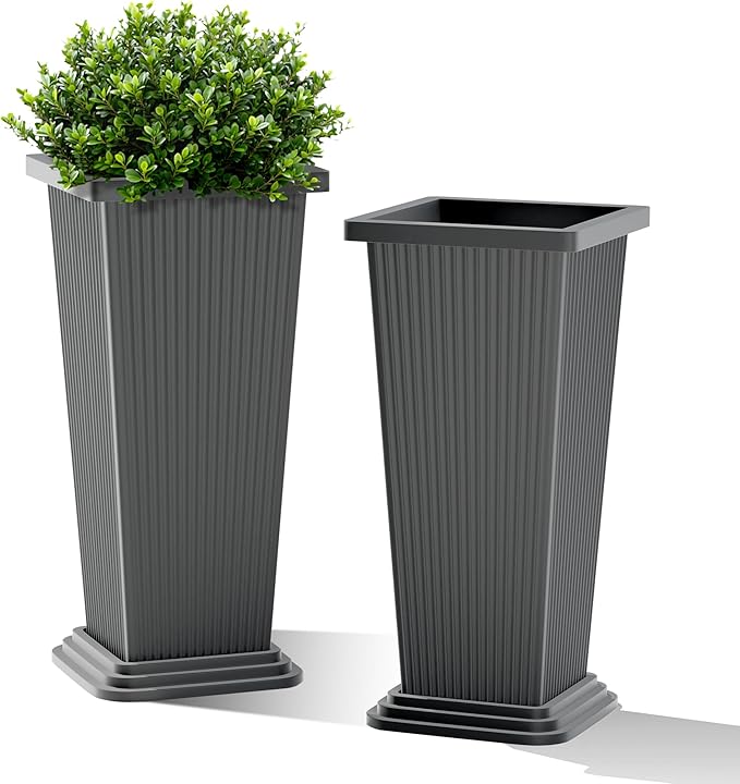 FENCY Set of 2 Tall Planters for Outdoor Plants, 24 Inch Large Tapered Pots with Drainage Trays, Weather-Resistant Plastic Plant Containers for Patio, Porch, Garden, Front Door Decor,Gray,Striped-Ruum Studio Home