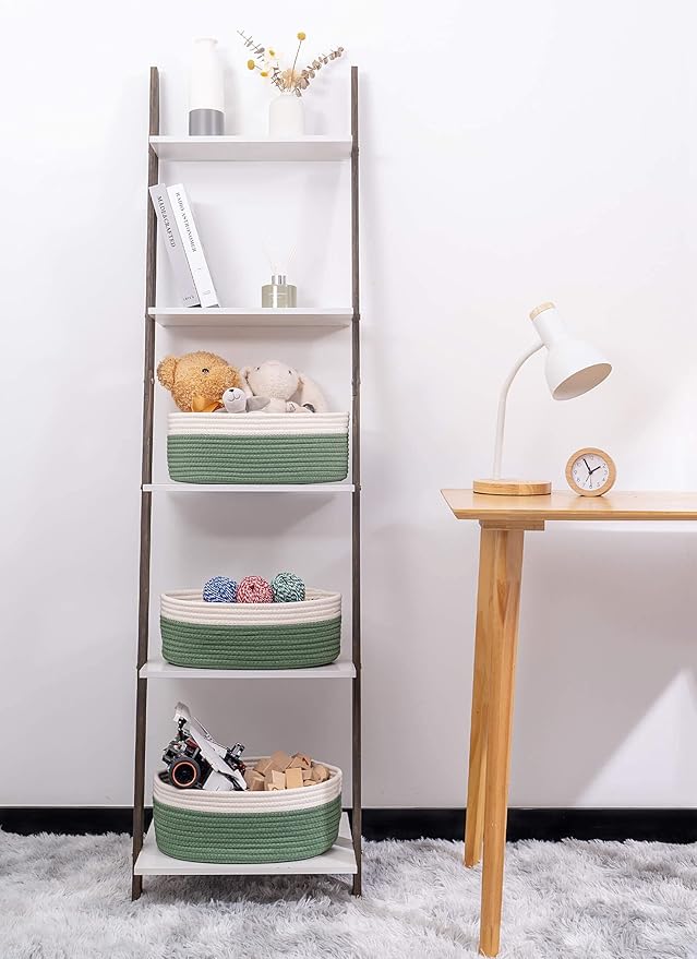 Shelf Storage Baskets for Organizing|Cute Basket for Closet&Blanket Storage|Small Woven Baskets to Store Toys,Books,etc.-13x8.66x5.11’’ Cotton Rope,Stylish,Oval 3 Packs Off White&Green-Ruum Studio Home