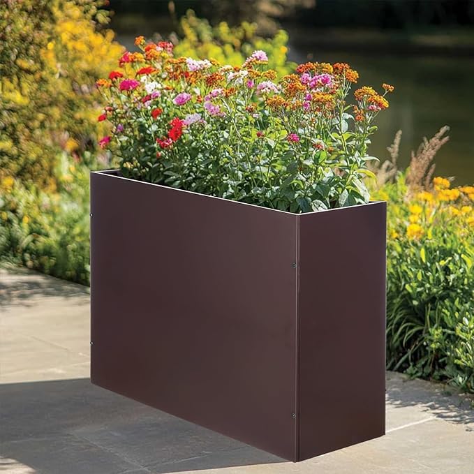 Metal Rectangular Planter Box Tall Planters for Outdoor Plants Modern Heavy Duty with Drainage Holes for Outside Indoor Patio Deck - Brown, 32”x 12”x 24”-Ruum Studio Home