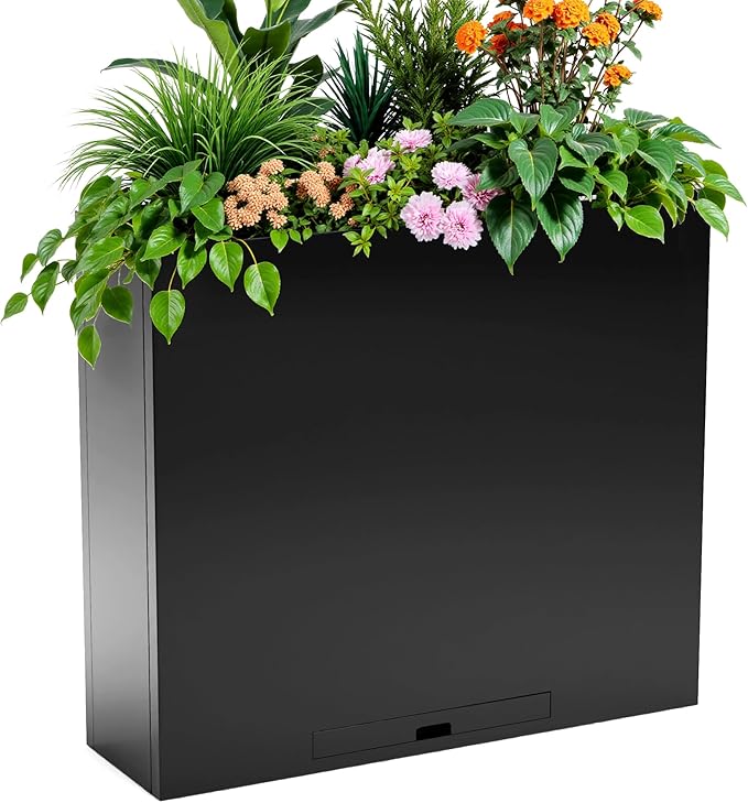 KOL Galvanized Steel Planter Box, with Insert Tray Drainage Holes, Rectangular Black Powder Coated Metal Planter, Outdoor Use, Heavy Duty Modern Flower Pot (Black, 36" H x 11" W x 32" L)-Ruum Studio Home
