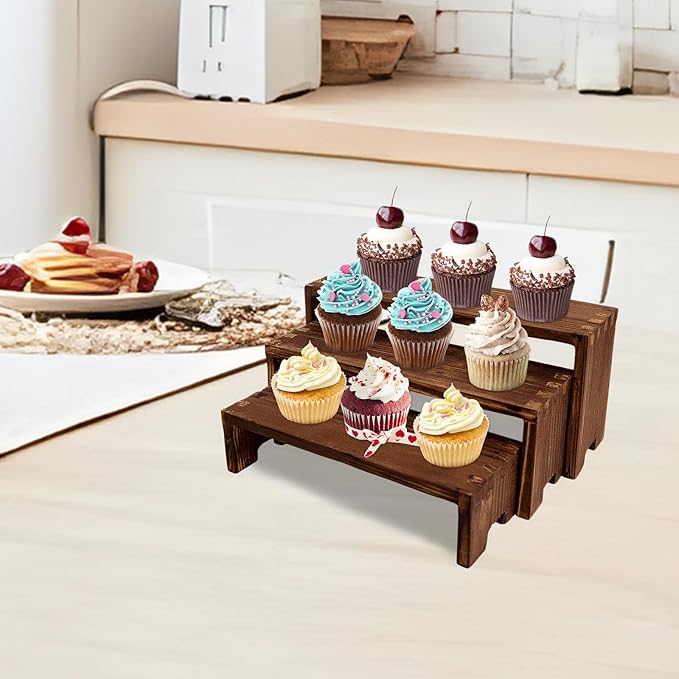 Display Wood Risers Wooden Stand 3 Tier Wood Racks Decorative Rectangular, 2 Set 6 Piece Cupcake Stands Cologne Perfume Organizer Dessert Showcase(Brown)-Ruum Studio Home