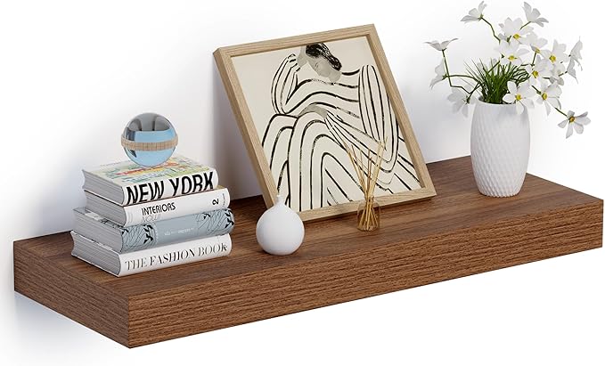 Heimlove 24 x 12 Inch Deep Floating Shelves Wall Mounted with Invisible Brackets,Storage Hanging Shelf for Wall Decor in Bathroom, Bedroom, Toilet, Kitchen, Living Room, Office Set of 1 (Walnut)-Ruum Studio Home
