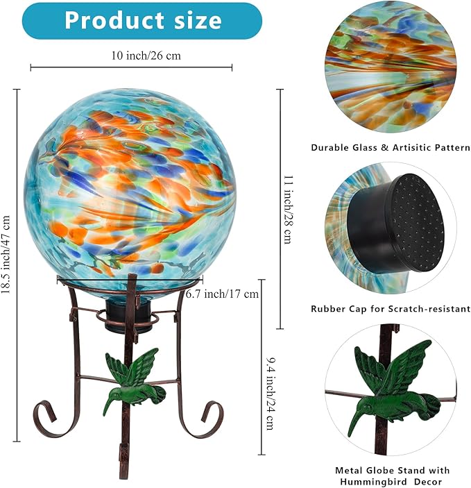 10 Inch Glass Gazing Ball, with 9.4" Tall Metal Gazing Globe Stand, Glass Balls Display Holder Set for Outdoor Garden Lawn Yard Decoration, Blue Artistic-Ruum Studio Home