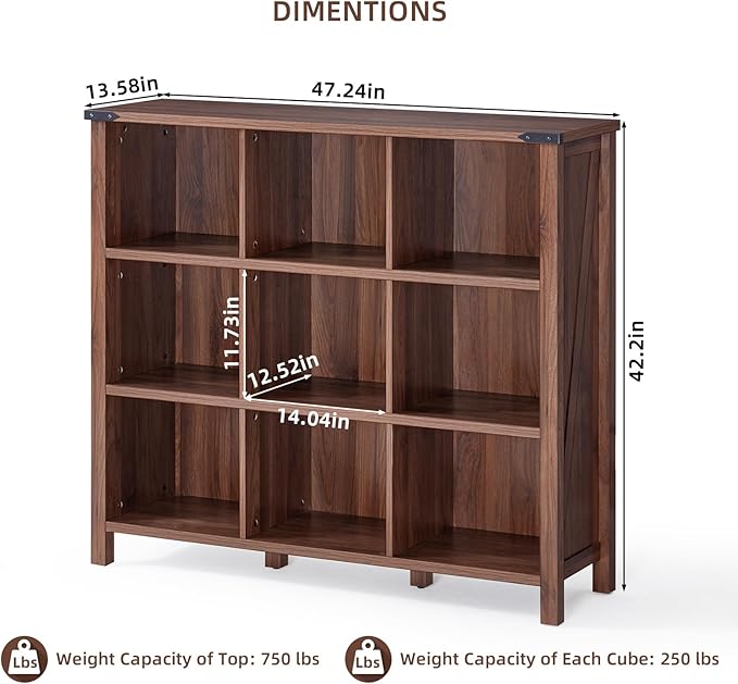 9 Cube Bookcase, Farmhouse 47 Inch Wide Brown Walnut Bookshelf, Wooden 3 Tier Display Large Open Book Shelf, Vintage Horizontal Book Case for Home Office, Cubby Storage Cabinet for Living Room-Ruum Studio Home