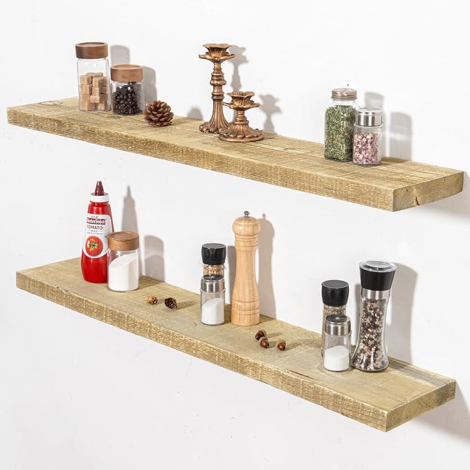 Fun Memories Floating Shelves for Wall Decor, 40"x8" Rustic Reclaimed Wood Shelves, Heavy-Duty Wall Mounted Shelves with Invisible Brackets, Set of 2for Living Room, Bedroom, Kitchen, Natural Finish-Ruum Studio Home