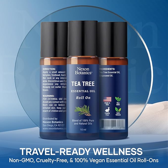 Tea Tree Oil Roll-On 10 ml - 100% Pure, Natural Essential Oil for Aromatherapy, Skin, Face & Body - Pre-Diluted for Travel - Nexon Botanics-Ruum Studio Home