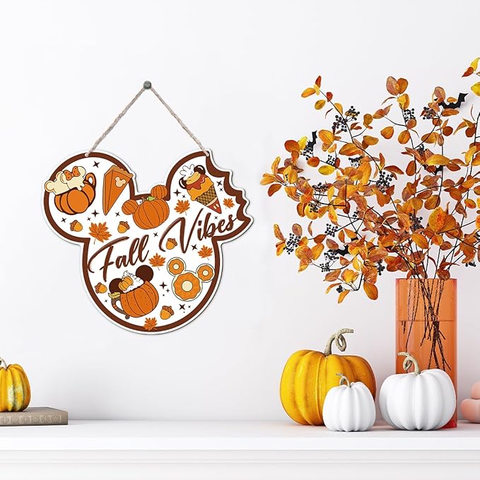 Fall Vibes Door Hanger, Fall Mouse Welcome Door Sign, Wooden Maple Leaves Mushroom Hanging Decor for Front Door, Fall Wood Wreath Wall Decors for Autumn Harvest Thanksgiving Home Decor-Ruum Studio Home