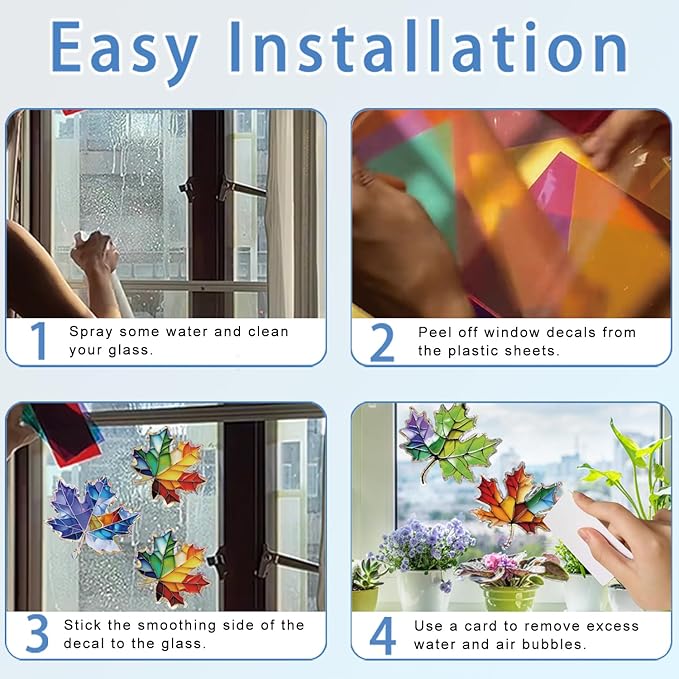 14pcs Window Decals for Bird Strikes, Anti Collision Window Clings, Rainbow Reflection Window Sticker, Maple Leaf Style Sun Catcher Stickers for Glass Windows-Ruum Studio Home