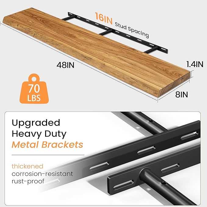 48 Inch Floating Shelves for Wall, Rustic Live Edge Elm Wood Shelf, Heavy-Duty Deep Floating Shelf for Home Decor, Wall Mounted Storage Shelves for Books, Bathroom, and Kitchen, Natural Finish-Ruum Studio Home