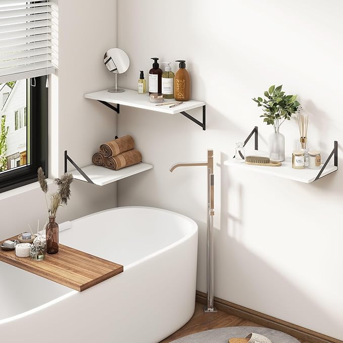Fun Memories 27.5" W x12 D Floating Shelves, White Wall Shelf with Brackets, 12 Inch Deep Floating Shelf Set of 2, Large Storage Kitchen Living Room Bathroom Shelves, Wood Wall Mounted Shelf-Ruum Studio Home
