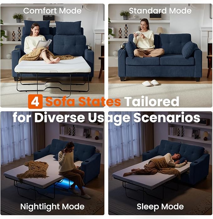 Pull Out Sofa Bed, Full Size Sleeper Sofa, 2-in-1 Convertible Corduroy Couch with USB Charging, Memory Form Couch for Living Room, Apartment and Small Space (Navy Blue, Corduroy - Full Size)-Ruum Studio Home