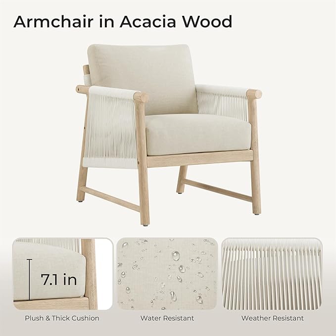 CHITA Boho Patio Rattan Chair Set of 2, Outdoor Wicker Chair with 7.1″ Thickened Cushions Acacia Wood Frame(Cream)-Ruum Studio Home