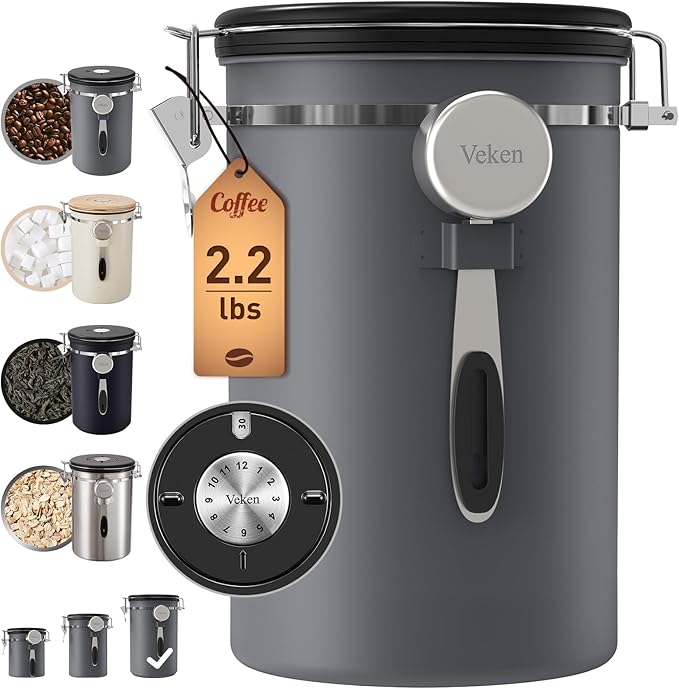 Veken Coffee Canister, 39OZ Large, Airtight Stainless Steel Food Storage Container for 2.2lbs Coffee Beans, Ground, Sugar, Tea, Flour, Rice, Cereal, Cookies Jars, Bar Accessories & Gifts, Gray-Ruum Studio Home