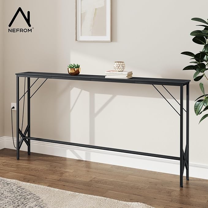 63'' Console Table, Skinny Entryway Table with Fast-Charging Station, Narrow Long Sofa Table, Behind Slim Couch Table for Entrance, Hallway, Living Room Decor ST-BK160-1-Ruum Studio Home