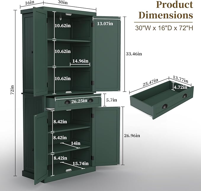 ARTPOWER 72" Tall Kitchen Pantry Storage Cabinet with Drawer and Adjustable Shelves, Pantry Cabinet for Kitchen, Bathroom or Hallway, Green-Ruum Studio Home