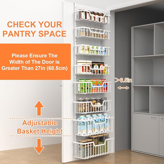 Over The Door Pantry Organizer, 8-Tier Pantry Door Organizer Shelves | 3 Sizes | Adjustable Basket | Metal Hanging Spice Rack for Kitchen, Pantry, Cabinet, Back of Door Seasoning Rack, White-Ruum Studio Home