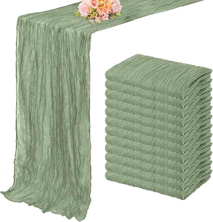 12 Pack Sage Green Cheesecloth Table Runner 10FT Rustic Gauze Fabric Cheese Cloth Table Runner for Wedding Bridal Baby Shower Table Decor 20 x 120 Inch Long Boho Sheer Birthday Party Table Decorations-Ruum Studio Home