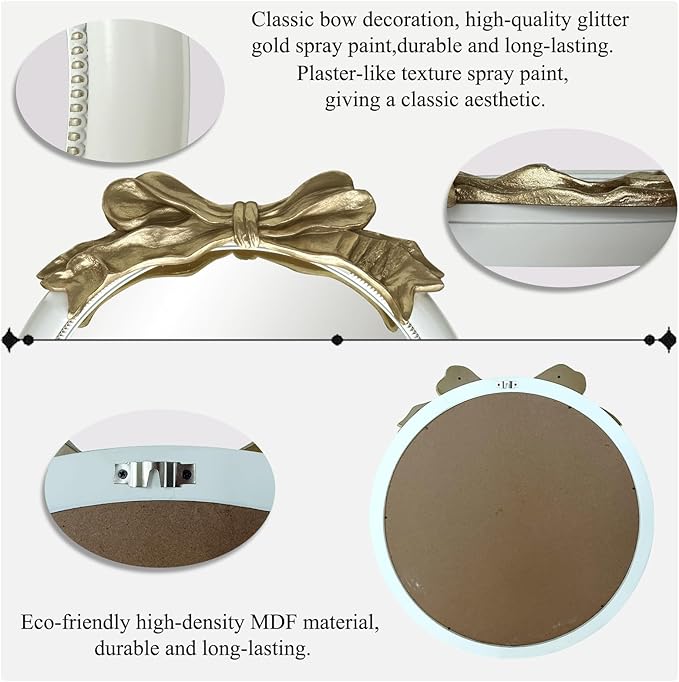 26x26 inch Bow Antique Mirrors for Wall, Round White and Gold Decorative Wall Mounted Mirror, Circle Antique Mirrors Suitable for Bedroom, Hallway, Living Room Decoration, Bathroom Sink-Ruum Studio Home