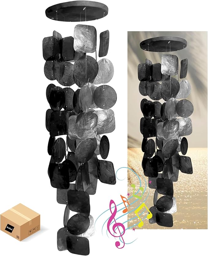 Bellaa 24995 Wind Chimes Outdoor, Garden Decorations, Musical, Indoor/Outside Windchimes, Beach, Ocean Breeze, Gifts for Mom, Gift for All Occasions, Capiz Sea Glass Shells Wood 27 inch Black-Ruum Studio Home