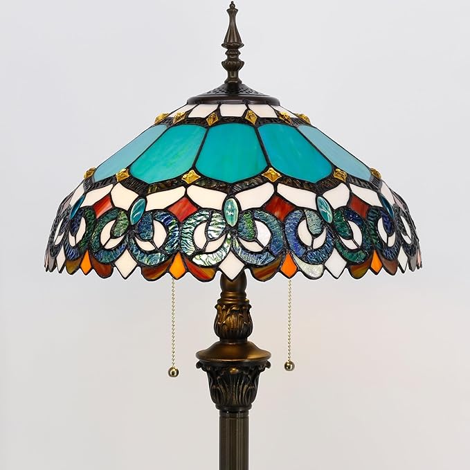 Tiffany Floor Lamp Stained Glass Lamp Standing Reading Light 16x16x70 Inch for Living Room (Blue Jewelry Baroque Style)-Ruum Studio Home