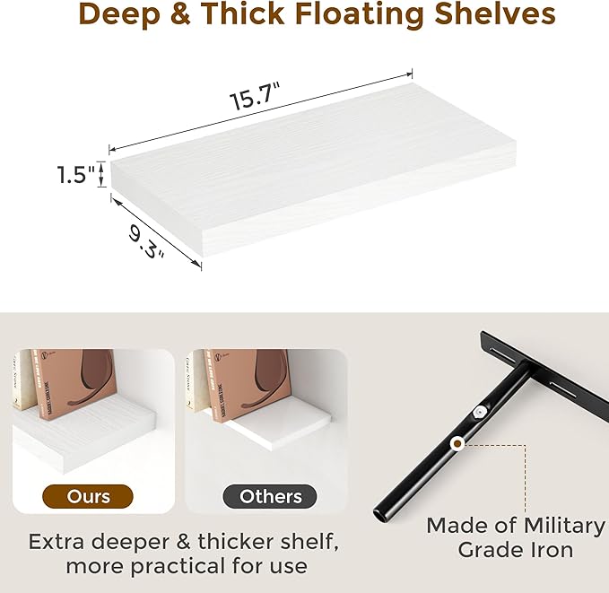Fun Memories White Floating Shelves 16 Inch Long, 9 Inch Deep Wall Shelf for Bathroom, 16 x 9 Floating Shelf for Living Room, Bedroom, Kitchen, Rustic Wood Shelves for Wall, Set of 2-Ruum Studio Home