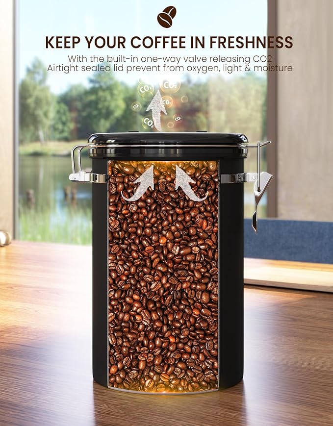HAIOOU Large Coffee Canister, 38OZ Oversized Stainless Steel Coffee Bean Storage Container with Date Tracker, Measuring Scoop, CO2 Releasing Valves for Beans, Grounds and more - Black-Ruum Studio Home