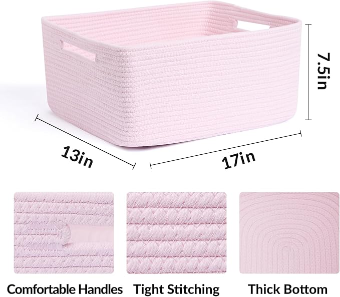 Large Storage Baskets for Shelves, Closet Organizers Bins for Clothes Blanket Towels, Baby Nursery, Toy Baskets Box, Woven Rope Baskets, 17 x 13 x 7.5”, 2 Packs Light Pink-Ruum Studio Home