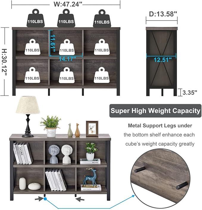 FATORRI Rustic 6 Cube Storage Organizer with Shelf, Wood and Metal Cubby Bookcase, Industrial Horizontal Bookshelf for Living Room, Home Office (Walnut Brown, 47 Inch)-Ruum Studio Home
