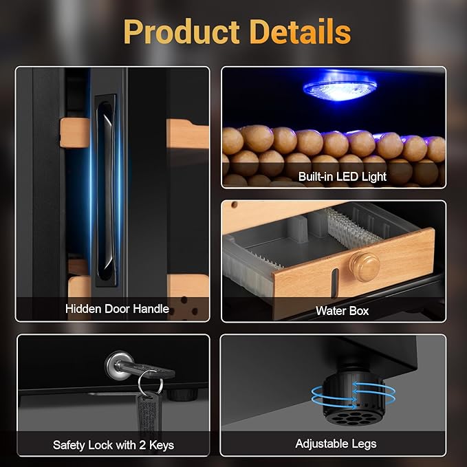 Electric Humidor for Cigars, 35L 250 Counts Large Capacity Thermostatic Desktop Humidor Cabinet with Digital LED Screen, Safety Lock,Smart Humidity & Temp Control, Gifts for Men-Ruum Studio Home