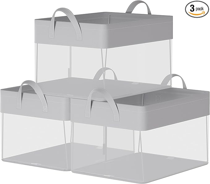 SONGMICS Storage Bins Set of 3, Medium Fabric Storage Baskets, Foldable Organizer with Transparent Nylon Mesh, 15.7 x 11.8 x 9.8 Inches, Handles, for Bedroom, Living Room, Dove Gray URFB940G01-Ruum Studio Home