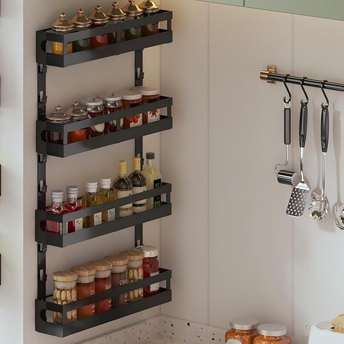 4-Tier Small Wall Mounted Spice Rack Organizer, Hanging Spice Shelf for Cabinet or Pantry, Height-Adjustable Seasoning Holder for Kitchen Storage, Black-Ruum Studio Home