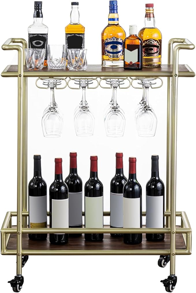 MyGift 2 Tier Rolling Bar Cart, Vintage Brass Tone Metal Cocktail and Wine Trolley with Burnt Wood Shelf Trays, Wine Glass Stemware Holder Rack and Lockable Wheels-Ruum Studio Home