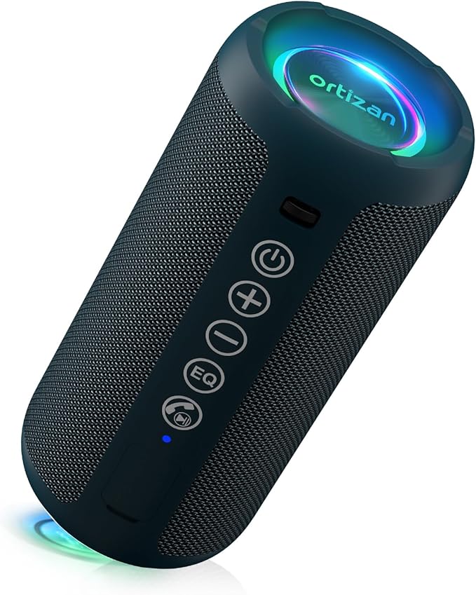 Ortizan Portable Bluetooth Speaker: IPX7 Waterproof, 24W Loud Sound, Deep Bass, Bluetooth 5.3, LED Lights, Wireless Stereo Pairing, 30H Playtime, for Home/Outdoor/Party/Beach, Birthday Gift (Blue)-Ruum Studio Home