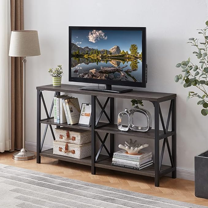 LVB Rustic Console Table, Industrial Modern Sofa Table Behind Couch, Long Metal Wood Entryway Table with Storage Shelf, Farmhouse Foyer Hallway Table for Home Living Room Bedroom, Dark Gray Oak, 63 in-Ruum Studio Home
