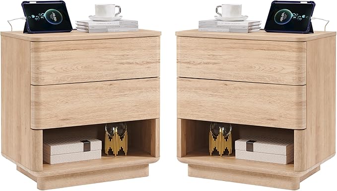 Nightstand Set of 2 with Charging Station, 22" Large Modern Bedside Table with 2 Drawers Storage,Push-to-Open End Table for Bedroom,Living Room,Natural Oak-Ruum Studio Home