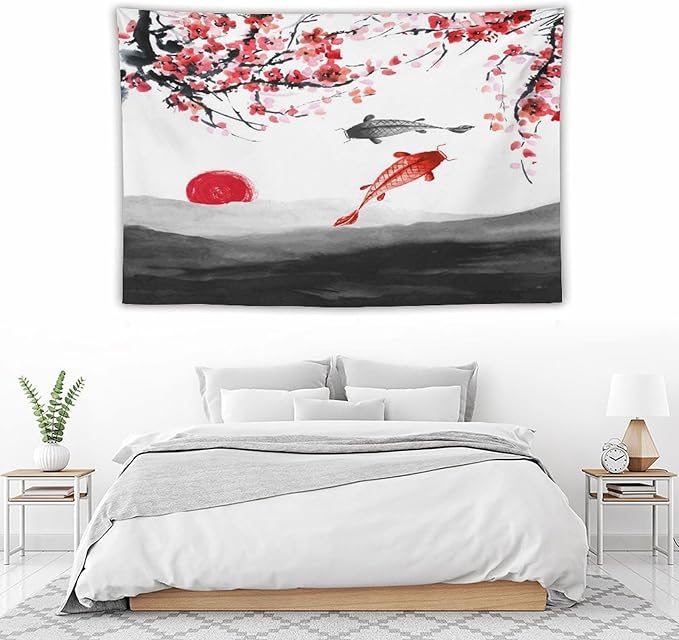 Houselerax Japanese Koi Fish Tapestries, Cherry Blossoms Asian Oriental Flower Branch Koi Fish Carp Tapestry Wall Hanging for Bedroom Living Room Office Decor 90"x60"-Ruum Studio Home