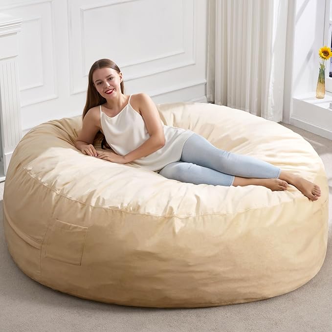 Hobestluk 6FT Bean Bag Chair Bean Bag Chairs for Adults Giant Bean Chairs with Velvet Cover, Memory Foam BeanBag Chair Fluffy BeanBag Chairs for Living Room, Bedroom- Khaki (70" x 70" x 15")-Ruum Studio Home